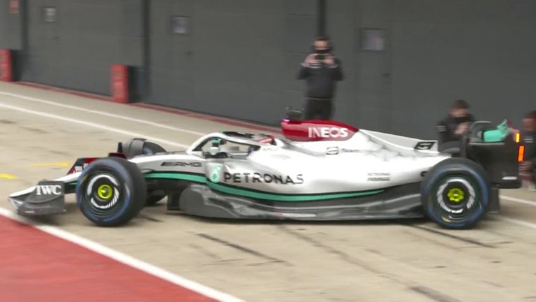George Russell takes to the track for the first time in the Mercedes F1 W13 at Silverstone