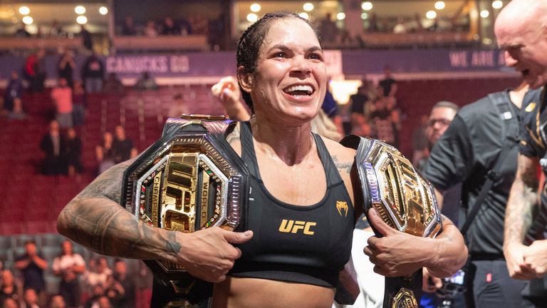 June 10, 2023, Vancouver, British Columbia, Canada: AMANDA NUNES of Brazil celebrates her victory over IRENE ALDANA of Mexico in their women&#39;s bantamweight title fight during the UFC 289 event at Rogers Arena on June 09, 2023 in Vancouver, British Columbia, Canada. (Cal Sport Media via AP Images)