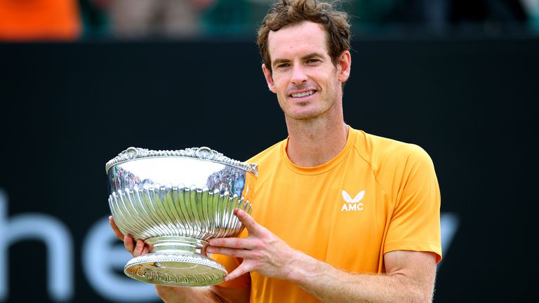 Andy Murray celebrates with the trophy after victory in the Men&#39;s singles final match against Arthur Cazaux during day seven of the Rothesay Open 2023 at the Nottingham Tennis Centre. Picture date: Sunday June 18, 2023.