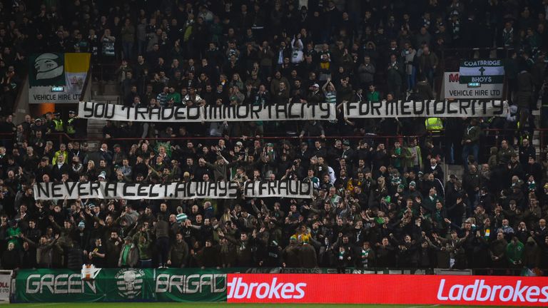 27/02/19 LADBROKES PREMIERSHIP.HEARTS v CELTIC.TYNECASTLE PARK - EDINBURGH.The Celtic fans unveil a banner for their former manager Brendan Rodgers.
