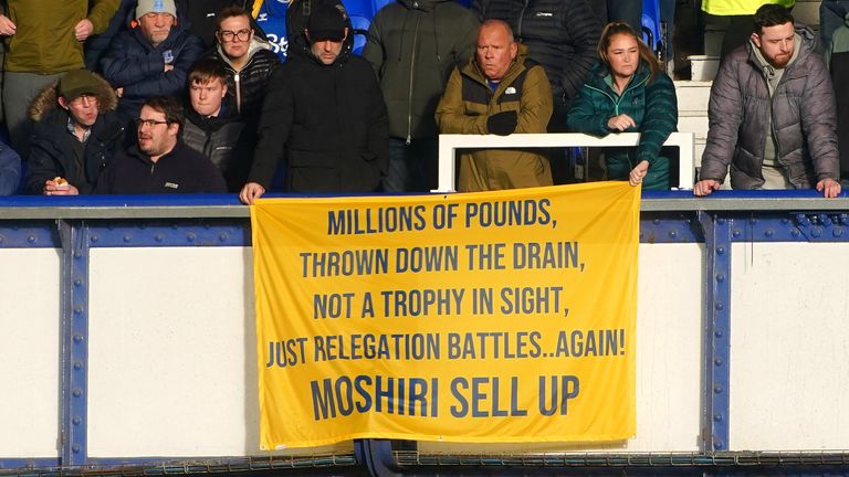 Everton fans hold up banners in protest against the clubs board ahead of the Premier League match at Goodison Park, between Everton and Southampton. Picture date: Saturday January 14, 2023.