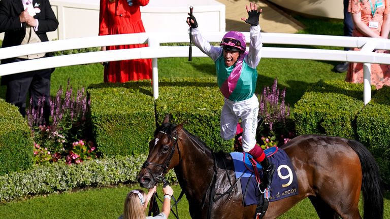 Frankie Dettori with a flying dismount after winning on Coppice